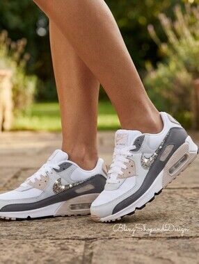 Nike Women’s White Gray Glitter Air Max 90 Sneakers Shoes Customized Crystals 🩶